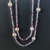 Collana Lunga Pietre Dure Agata Brasiliana Fucsia Con Perle Di Fiume Beige Barocche 110cm E Chiusura In Argento 925