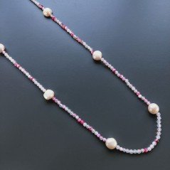 Collana Lunga Pietre Dure Agata Brasiliana Fucsia Con Perle Di Fiume Beige Barocche 110cm E Chiusura In Argento 925