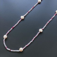 Collana Lunga Pietre Dure Agata Brasiliana Fucsia Con Perle Di Fiume Beige Barocche 110cm E Chiusura In Argento 925