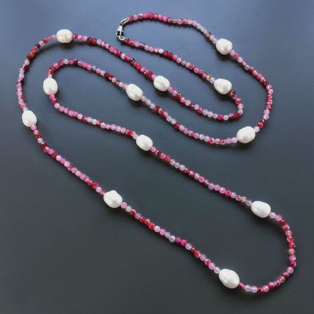 Collana Lunga Pietre Dure Agata Brasiliana Fucsia Con Perle Di Fiume Irregolare 120cm E Chiusura In Argento 925