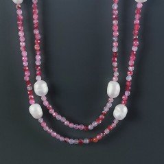 Collana Lunga Pietre Dure Agata Brasiliana Fucsia Con Perle Di Fiume Irregolare 120cm E Chiusura In Argento 925