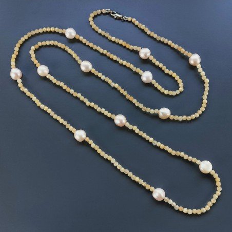 Collana Lunga Pietre Dure Giada Gialla Con Perle Di Fiume Beige Barocche 120cm E Chiusura In Argento 925