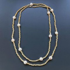 Collana Lunga Pietre Dure Giada Gialla Con Perle Di Fiume Beige Barocche 120cm E Chiusura In Argento 925