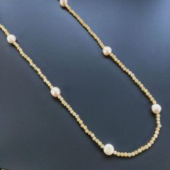 Collana Lunga Pietre Dure Giada Gialla Con Perle Di Fiume Beige Barocche 120cm E Chiusura In Argento 925