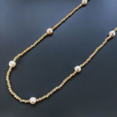 Collana Lunga Pietre Dure Giada Gialla Con Perle Di Fiume Beige Barocche 120cm E Chiusura In Argento 925