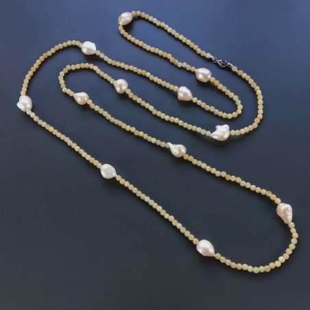 Collana Lunga Pietre Dure Giada Gialla Con Perle Di Fiume Beige Barocche 130cm E Chiusura In Argento 925