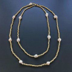 Collana Lunga Pietre Dure Giada Gialla Con Perle Di Fiume Beige Barocche 130cm E Chiusura In Argento 925