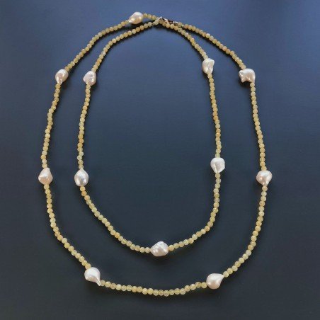 Collana Lunga Pietre Dure Giada Gialla Con Perle Di Fiume Beige Barocche 130cm E Chiusura In Argento 925