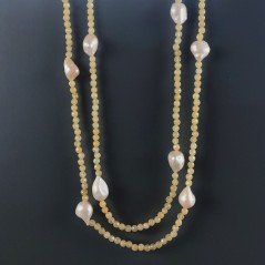 Collana Lunga Pietre Dure Giada Gialla Con Perle Di Fiume Beige Barocche 130cm E Chiusura In Argento 925