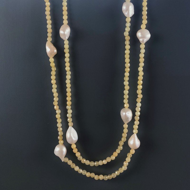 Collana Lunga Pietre Dure Giada Gialla Con Perle Di Fiume Beige Barocche 130cm E Chiusura In Argento 925