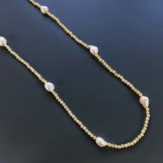 Collana Lunga Pietre Dure Giada Gialla Con Perle Di Fiume Beige Barocche 130cm E Chiusura In Argento 925