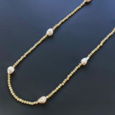 Collana Lunga Pietre Dure Giada Gialla Con Perle Di Fiume Beige Barocche 130cm E Chiusura In Argento 925
