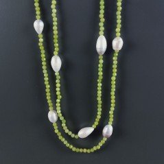 Collana Lunga Pietre Dure Giada Verde Con Perle Di Fiume Irregolare 130cm E Chiusura In Argento 925