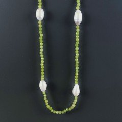 Collana Lunga Pietre Dure Giada Verde Con Perle Di Fiume Irregolare 130cm E Chiusura In Argento 925