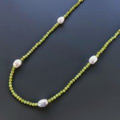 Collana Lunga Pietre Dure Giada Verde Con Perle Di Fiume Irregolare 130cm E Chiusura In Argento 925
