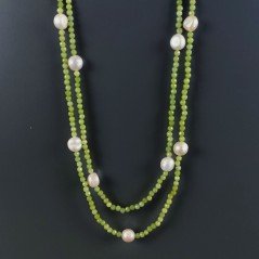 Collana Lunga Pietre Dure Giada Verde Con Perle Di Fiume Beige Barocche 120cm E Chiusura In Argento 925