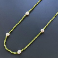 Collana Lunga Pietre Dure Giada Verde Con Perle Di Fiume Beige Barocche 120cm E Chiusura In Argento 925