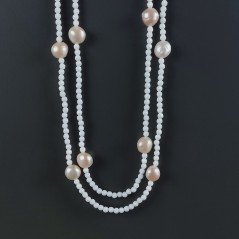 Collana Lunga Pietre Dure Agata Bianca Con Perle Di Fiume Beige Barocche 110cm E Chiusura In Argento 925