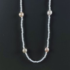Collana Lunga Pietre Dure Agata Bianca Con Perle Di Fiume Beige Barocche 110cm E Chiusura In Argento 925