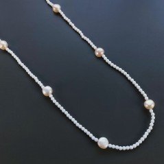 Collana Lunga Pietre Dure Agata Bianca Con Perle Di Fiume Beige Barocche 110cm E Chiusura In Argento 925