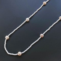 Collana Lunga Pietre Dure Agata Bianca Con Perle Di Fiume Beige Barocche 110cm E Chiusura In Argento 925