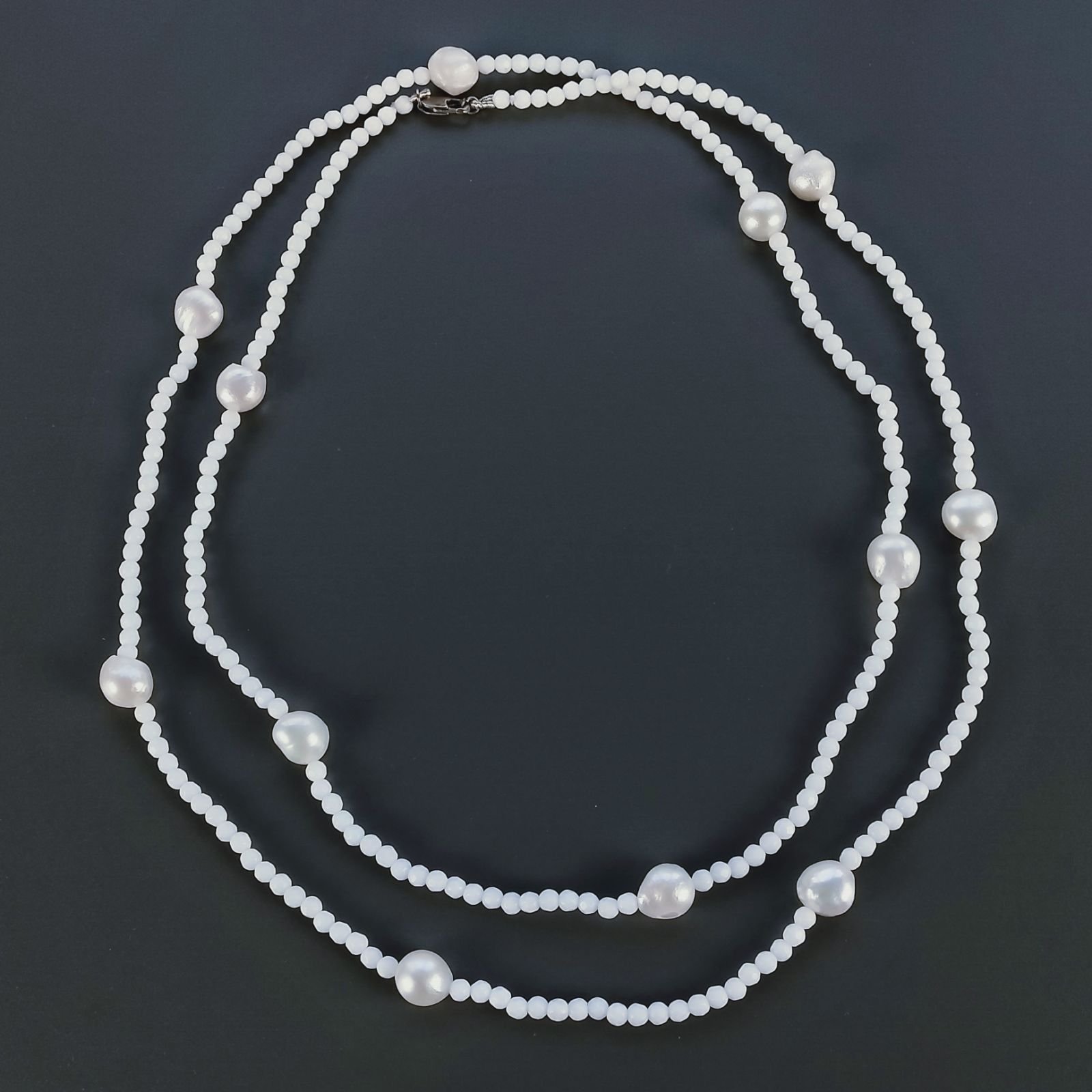 Collana Lunga Pietre Dure Agata Bianca Con Perle Di Fiume Irregolare 110cm E Chiusura In Argento 925