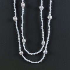 Collana Lunga Pietre Dure Agata Bianca Con Perle Di Fiume Irregolare 110cm E Chiusura In Argento 925