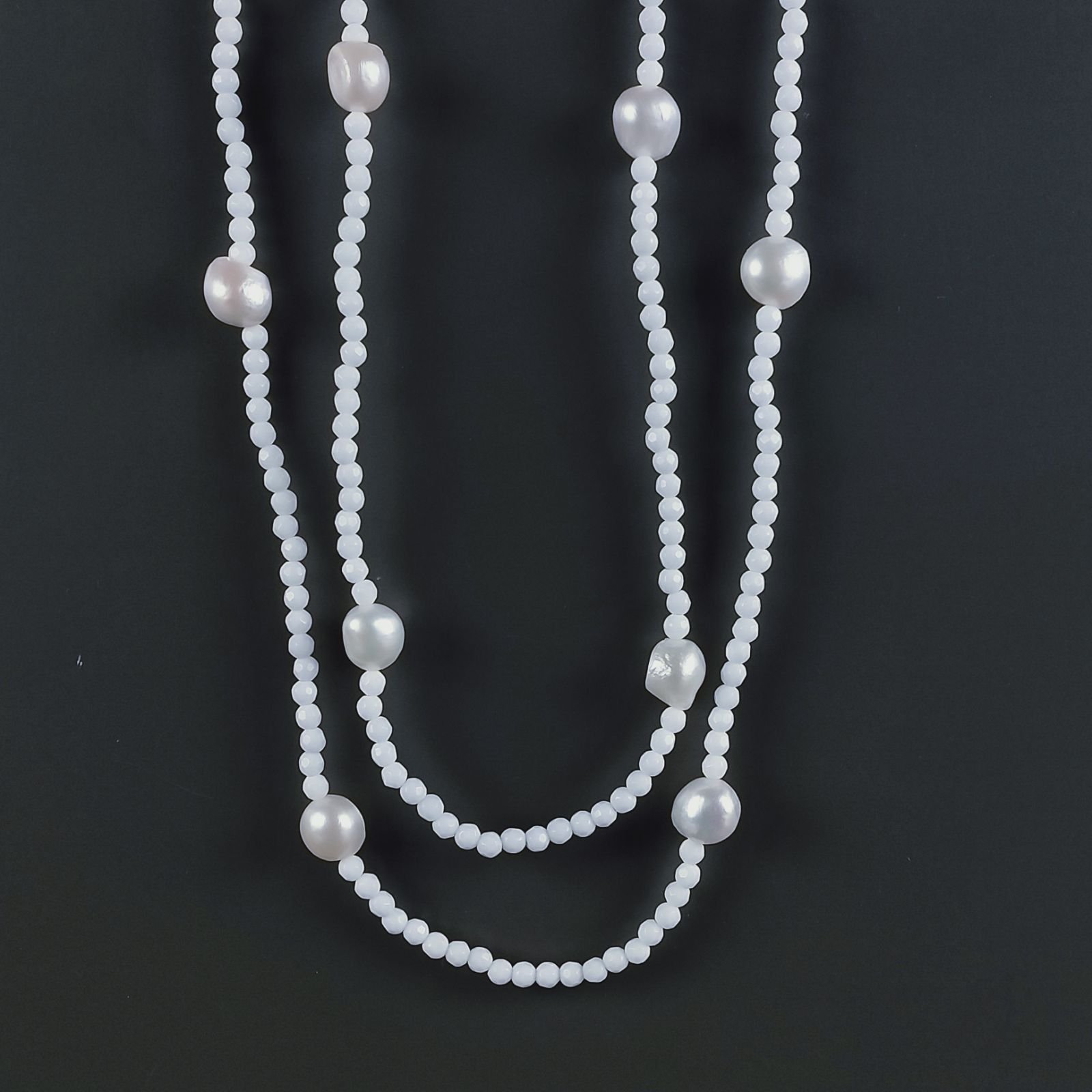 Collana Lunga Pietre Dure Agata Bianca Con Perle Di Fiume Irregolare 110cm E Chiusura In Argento 925