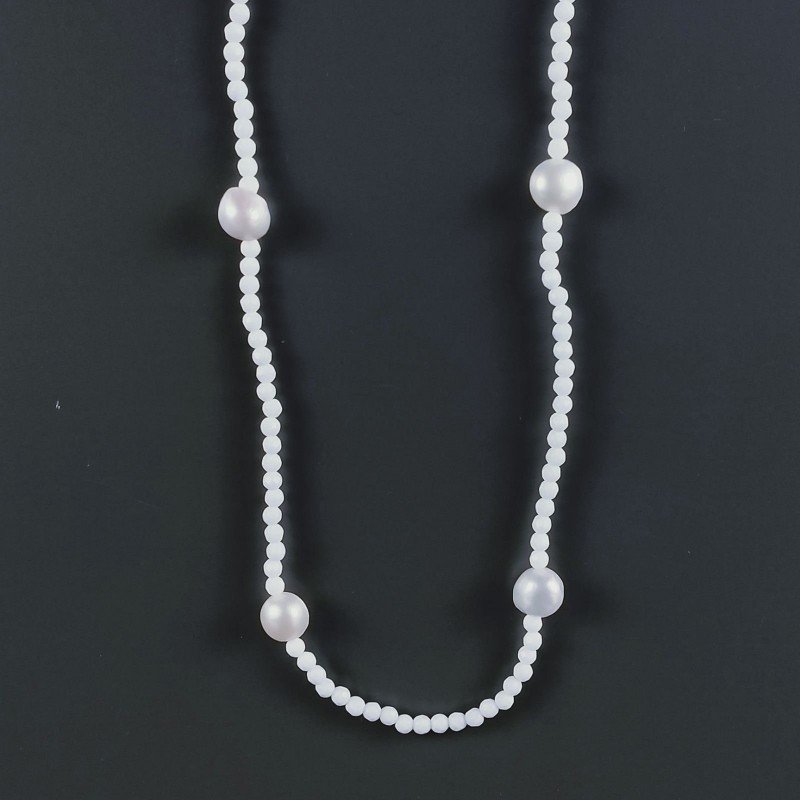 Collana Lunga Pietre Dure Agata Bianca Con Perle Di Fiume Irregolare 110cm E Chiusura In Argento 925