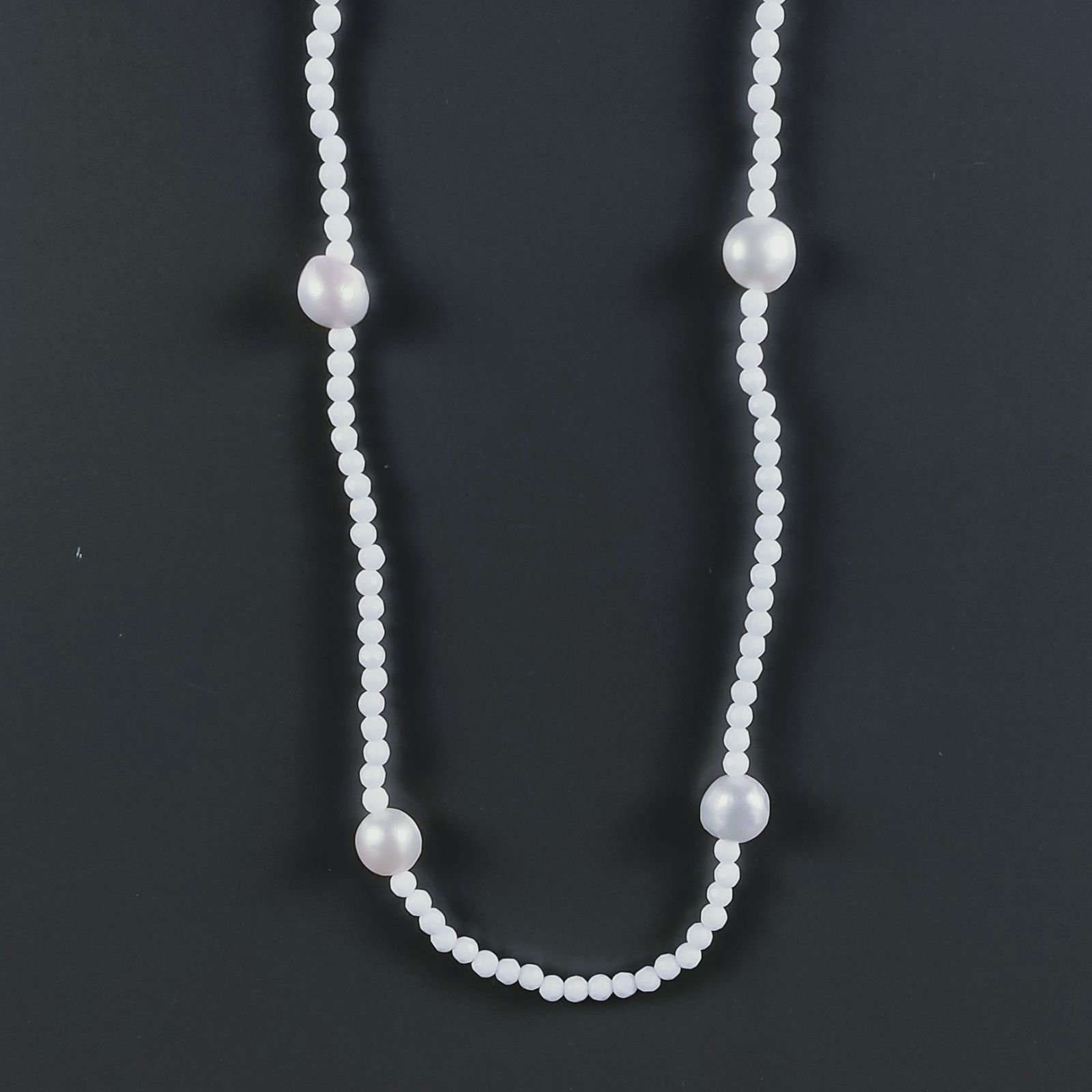 Collana Lunga Pietre Dure Agata Bianca Con Perle Di Fiume Irregolare 110cm E Chiusura In Argento 925