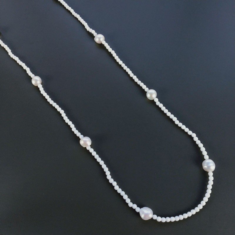 Collana Lunga Pietre Dure Agata Bianca Con Perle Di Fiume Irregolare 110cm E Chiusura In Argento 925