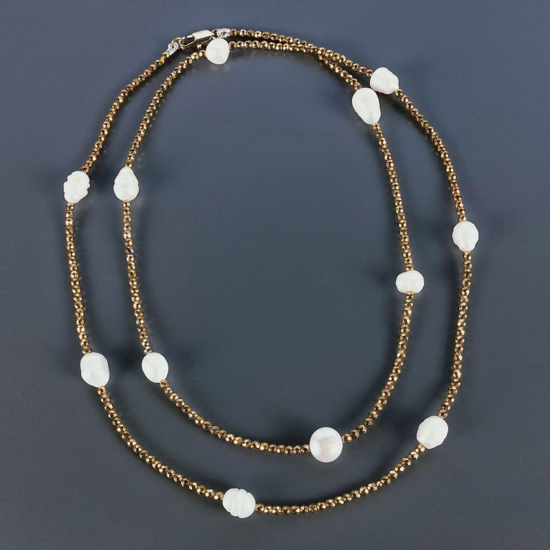 Collana Lunga Pietre Dure Ematite Dorato Con Perle Di Fiume Irregolare 90cm E Chiusura In Argento 925