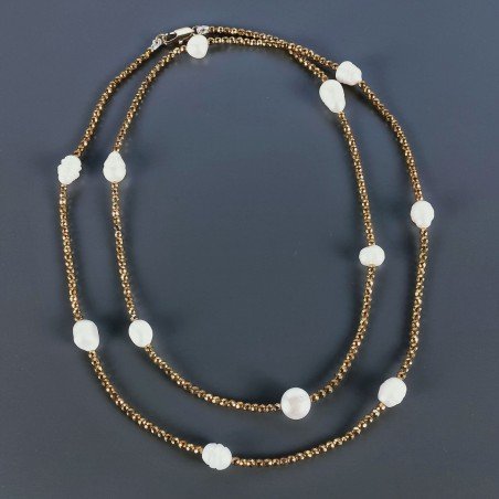 Collana Lunga Pietre Dure Ematite Dorato Con Perle Di Fiume Irregolare 90cm E Chiusura In Argento 925