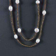 Collana Lunga Pietre Dure Ematite Dorato Con Perle Di Fiume Irregolare 90cm E Chiusura In Argento 925