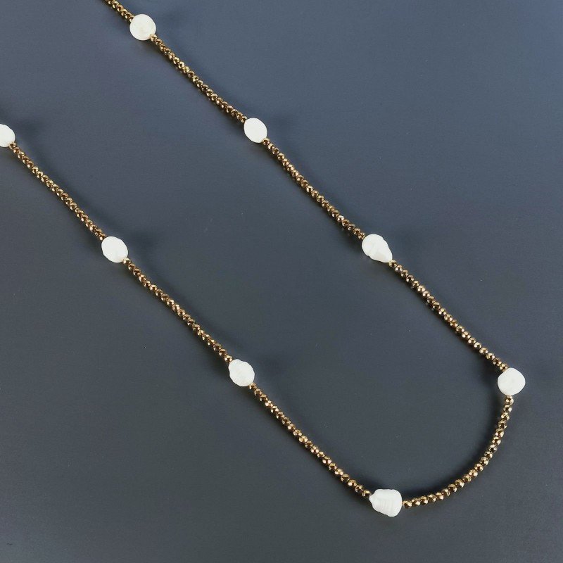 Collana Lunga Pietre Dure Ematite Dorato Con Perle Di Fiume Irregolare 90cm E Chiusura In Argento 925