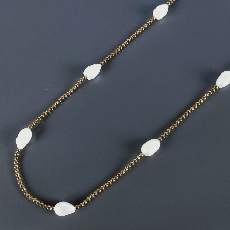 Collana Lunga Pietre Dure Ematite Dorato Con Perle Di Fiume Irregolare 100cm E Chiusura In Argento 925