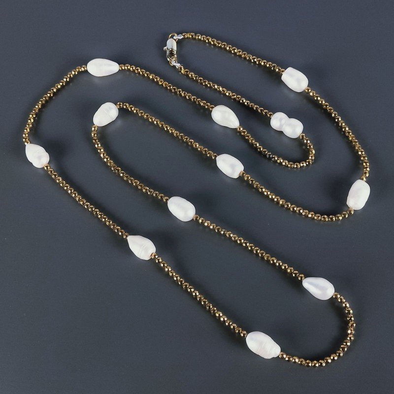 Collana Lunga Pietre Dure Ematite Dorato Con Perle Di Fiume Irregolare 100cm E Chiusura In Argento 925