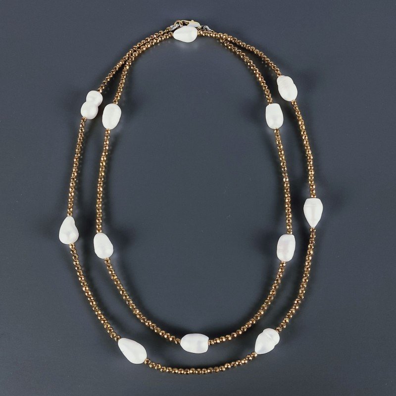 Collana Lunga Pietre Dure Ematite Dorato Con Perle Di Fiume Irregolare 100cm E Chiusura In Argento 925