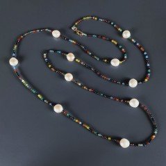 Collana Lunga Pietre Dure Agata Brasiliana Mix Con Perle Di Fiume Beige Barocche 110cm E Chiusura In Argento 925