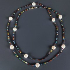 Collana Lunga Pietre Dure Agata Brasiliana Mix Con Perle Di Fiume Beige Barocche 110cm E Chiusura In Argento 925