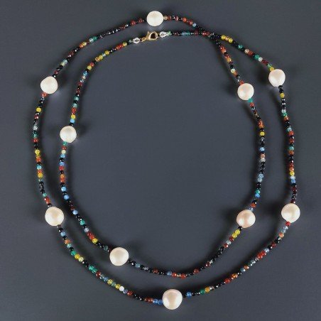 Collana Lunga Pietre Dure Agata Brasiliana Mix Con Perle Di Fiume Beige Barocche 110cm E Chiusura In Argento 925