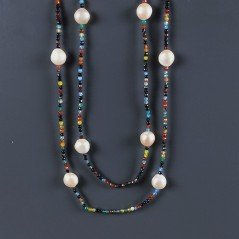 Collana Lunga Pietre Dure Agata Brasiliana Mix Con Perle Di Fiume Beige Barocche 110cm E Chiusura In Argento 925