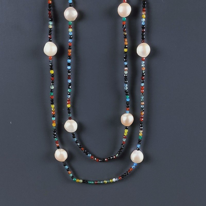 Collana Lunga Pietre Dure Agata Brasiliana Mix Con Perle Di Fiume Beige Barocche 110cm E Chiusura In Argento 925