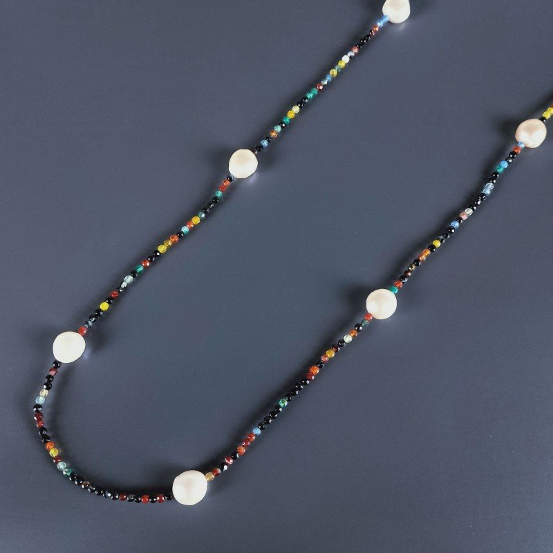 Collana Lunga Pietre Dure Agata Brasiliana Mix Con Perle Di Fiume Beige Barocche 110cm E Chiusura In Argento 925
