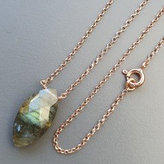 Collana Girocollo Con Catena Oro Rosa Argento 925 E Labradorite Taglio Navetta Briolette Sfaccettato A Mano 1Pz