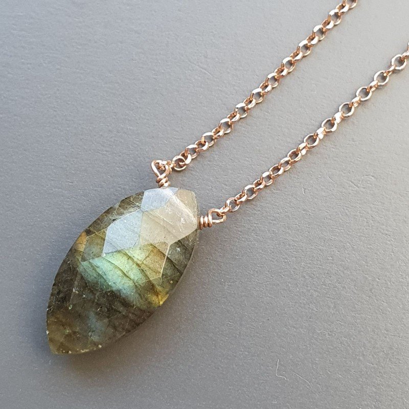 Collana Girocollo Con Catena Oro Rosa Argento 925 E Labradorite Taglio Navetta Briolette Sfaccettato A Mano 1Pz