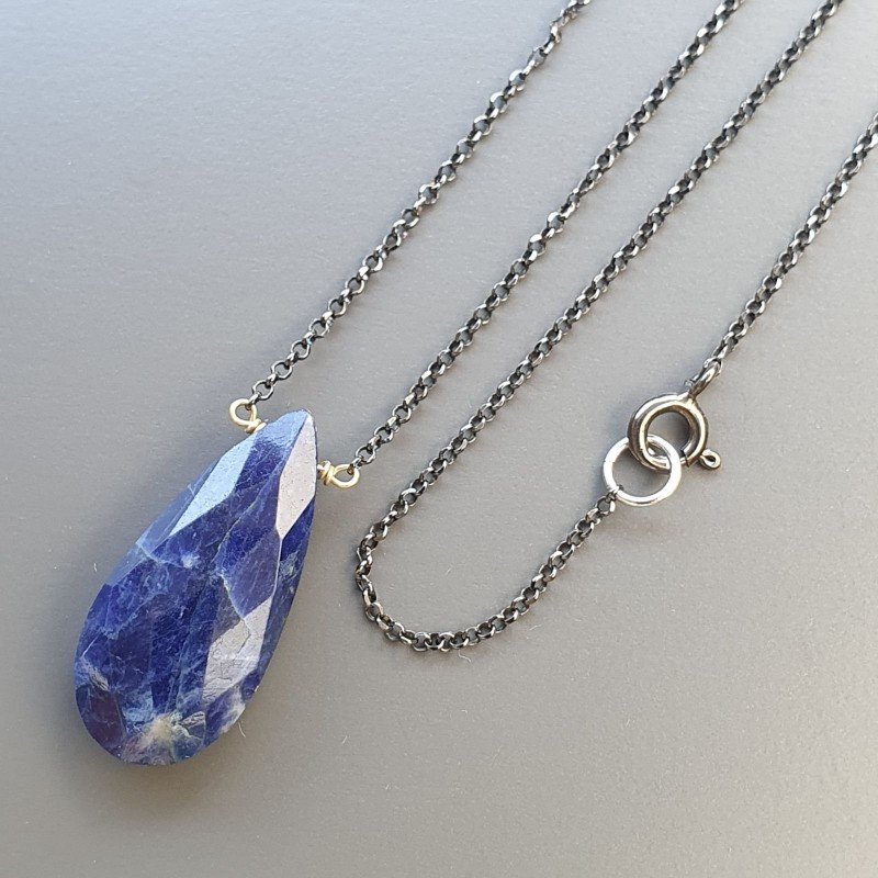 Collana Girocollo Con Catena Brunito Argento 925 E Sodalite Taglio Goccia Briolette Sfaccettato A Mano 1Pz