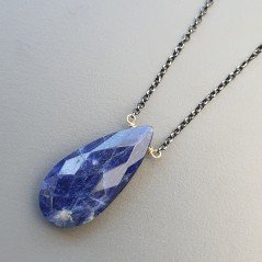 Collana Girocollo Con Catena Brunito Argento 925 E Sodalite Taglio Goccia Briolette Sfaccettato A Mano 1Pz