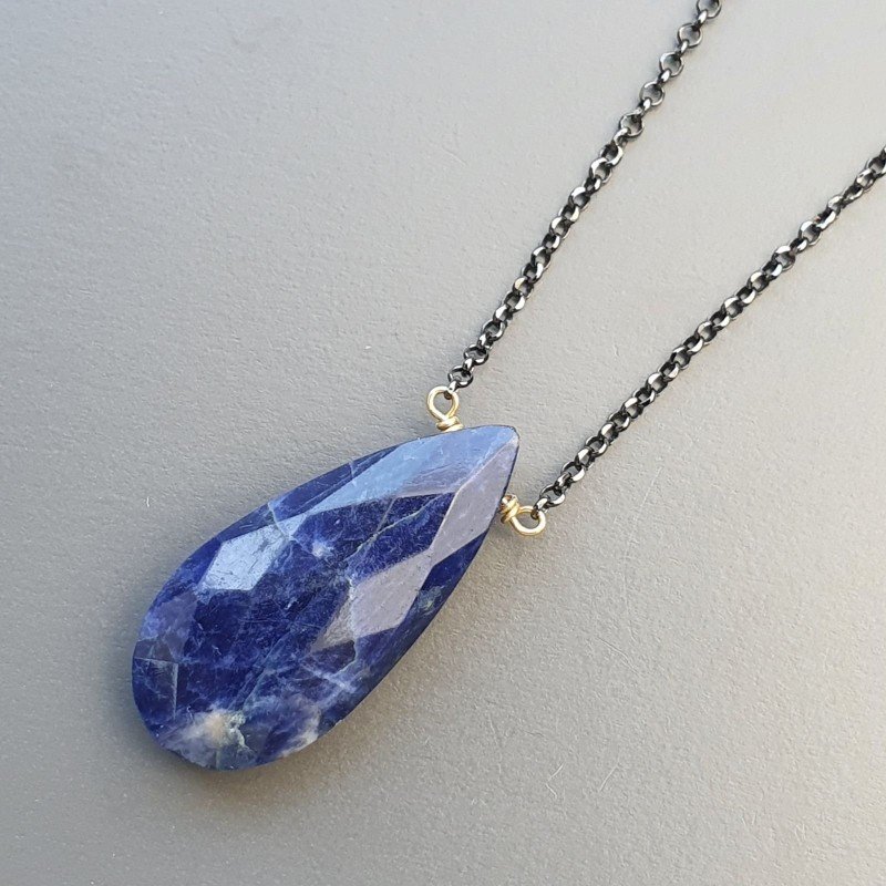 Collana Girocollo Con Catena Brunito Argento 925 E Sodalite Taglio Goccia Briolette Sfaccettato A Mano 1Pz