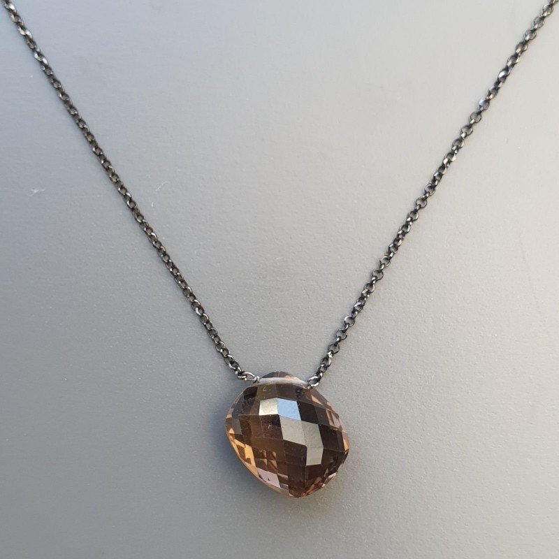 Collana Girocollo Con Catena Brunito Argento 925 E Quarzo Fume Taglio Cuscino Briolette Sfaccettato A Mano 1Pz